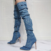 Sexy Vintage Denim Stiletto Over The Knee BootLarge Big Size Blue Pocket Cowboy Designer Thigh High Long Boots  - Thumbnail 1