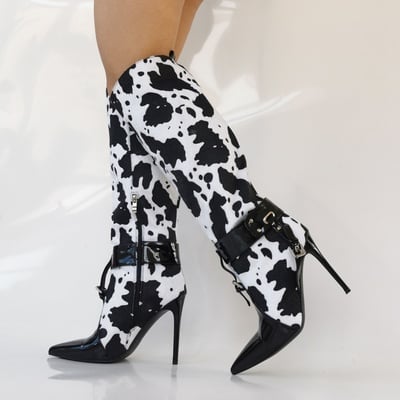 Stiletto high heeled ankle boots, white black cow print thin bootie, sexy fashion designer hot special dressy lace up