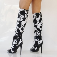 Stiletto High Heeled Ankle Boots, White Black Cow Print Thin Bootie, Sexy Fashion Designer Hot Special Dressy Lace Up - Thumbnail 3