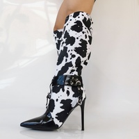 Stiletto High Heeled Ankle Boots, White Black Cow Print Thin Bootie, Sexy Fashion Designer Hot Special Dressy Lace Up - Thumbnail 2