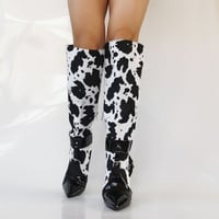 Stiletto High Heeled Ankle Boots, White Black Cow Print Thin Bootie, Sexy Fashion Designer Hot Special Dressy Lace Up - Thumbnail 5