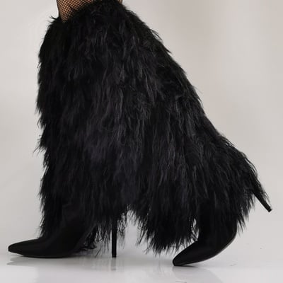 Black furry feather patchwork fashion boots pointed thin heel trendy stylish fur women sexy knee high booties spicy girl winter