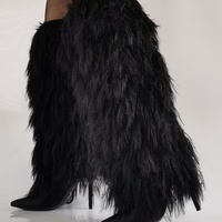 Black Furry Feather Patchwork Fashion Boots Pointed Thin Heel Trendy Stylish Fur Women Sexy Knee High Booties Spicy Girl Winter - Thumbnail 4