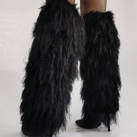 Black Furry Feather Patchwork Fashion Boots Pointed Thin Heel Trendy Stylish Fur Women Sexy Knee High Booties Spicy Girl Winter - Thumbnail 1