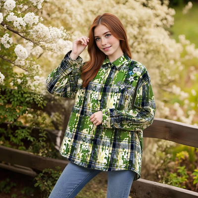 Camouflage plaid embroidered hip-hop long-sleeved shirt