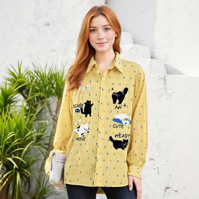 Naughty cat polka dot plaid ins long sleeve shirt