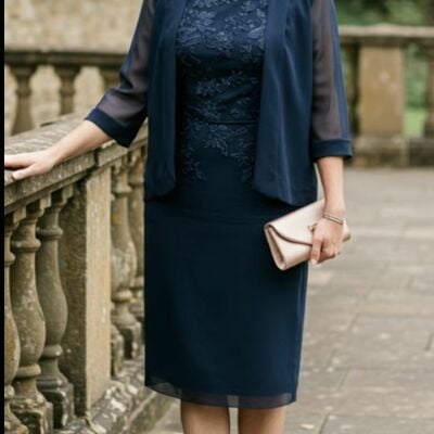 Plus size navy blue sheath lace tea-length mother of bride/groom dress evening formal gowns 