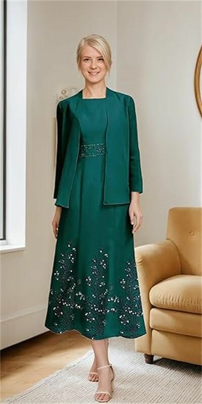Elegant Green Tea-length with Lace Jacket Mother of Bride/Groom Dress Evening Formal Gowns 