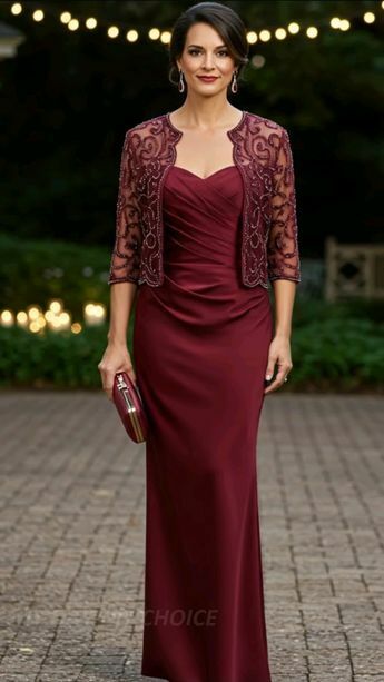 Wine Red Bugrundy Mermaid with Lace Jacket Mother of Bride/Groom Dress Evening Formal Gowns 