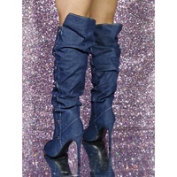 Women's knee-high denim boots, blue pointed toe boots with thin heels and metal buttons - Thumbnail 4