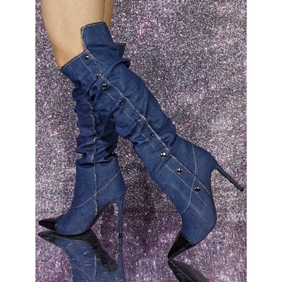 Women's knee-high denim boots, blue pointed toe boots with thin heels and metal buttons