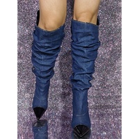 Women's knee-high denim boots, blue pointed toe boots with thin heels and metal buttons - Thumbnail 2