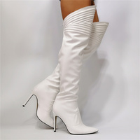 Women Over Knee Boots Pointed Toe Thin High Heels Back Zip White Shoes - Thumbnail 1