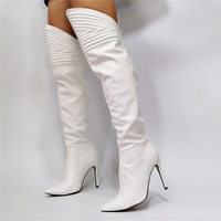 Women Over Knee Boots Pointed Toe Thin High Heels Back Zip White Shoes - Thumbnail 2