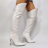 Women Over Knee Boots Pointed Toe Thin High Heels Back Zip White Shoes - Thumbnail 5