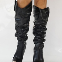 Women's Ruched Slouchy Knee High Boots Black - Thumbnail 3