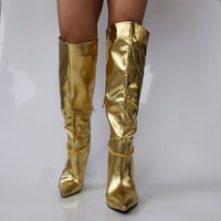 Gold chain knee high boots women elegant gold leather knee high boots wide back zipper streetwear trend sexy heeled boots - Thumbnail 2
