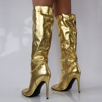 Gold chain knee high boots women elegant gold leather knee high boots wide back zipper streetwear trend sexy heeled boots - Thumbnail 4