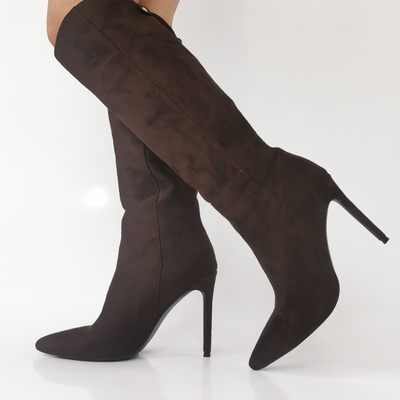 Plus size brown suede pointed toe slip-on ankle boots, fashionable elegant western style over-the-knee boot