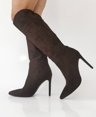 Plus Size Brown Suede Pointed Toe Slip-On Ankle Boots, Fashionable Elegant Western Style Over-The-Knee Boot
