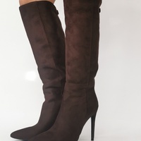 Plus Size Brown Suede Pointed Toe Slip-On Ankle Boots, Fashionable Elegant Western Style Over-The-Knee Boot - Thumbnail 5