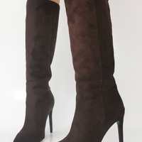 Plus Size Brown Suede Pointed Toe Slip-On Ankle Boots, Fashionable Elegant Western Style Over-The-Knee Boot - Thumbnail 1