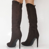 Plus Size Brown Suede Pointed Toe Slip-On Ankle Boots, Fashionable Elegant Western Style Over-The-Knee Boot - Thumbnail 2