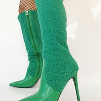 Green Wool Leather Splicing Boots Women Stylish Pointy Toe Knee High Boots Sexy Ladies Stiletto High Heel Side-zipper Dress Shoe - Thumbnail 7