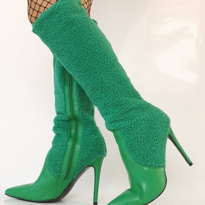 Green wool leather splicing boots women stylish pointy toe knee high boots sexy ladies stiletto high heel side-zipper dress shoe