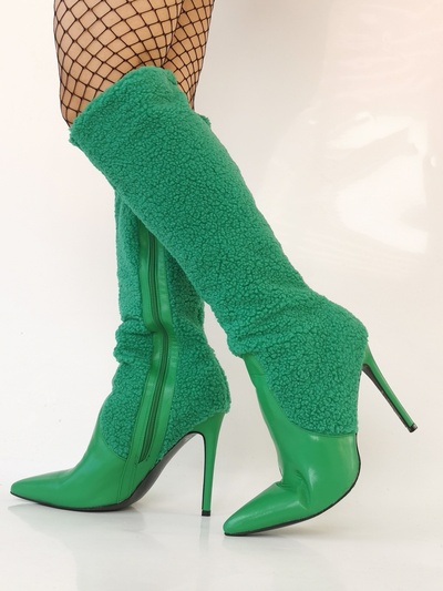 Green Wool Leather Splicing Boots Women Stylish Pointy Toe Knee High Boots Sexy Ladies Stiletto High Heel Side-zipper Dress Shoe