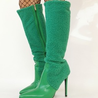 Green Wool Leather Splicing Boots Women Stylish Pointy Toe Knee High Boots Sexy Ladies Stiletto High Heel Side-zipper Dress Shoe - Thumbnail 6