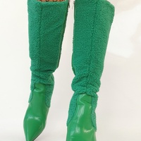 Green Wool Leather Splicing Boots Women Stylish Pointy Toe Knee High Boots Sexy Ladies Stiletto High Heel Side-zipper Dress Shoe - Thumbnail 4
