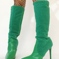 Green Wool Leather Splicing Boots Women Stylish Pointy Toe Knee High Boots Sexy Ladies Stiletto High Heel Side-zipper Dress Shoe - Thumbnail 5