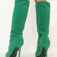 Green Wool Leather Splicing Boots Women Stylish Pointy Toe Knee High Boots Sexy Ladies Stiletto High Heel Side-zipper Dress Shoe - Thumbnail 2
