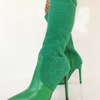 Green Wool Leather Splicing Boots Women Stylish Pointy Toe Knee High Boots Sexy Ladies Stiletto High Heel Side-zipper Dress Shoe - Thumbnail 3