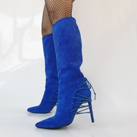 Blue Side Lace-up Pointy Toe Stiletto Knee-high Boots - Thumbnail 2