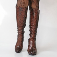Brown Snake Print Leather Knee-High Boots - Thumbnail 3