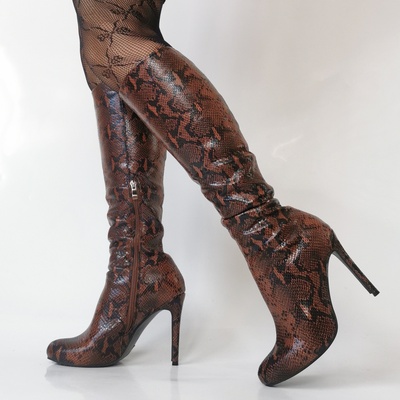 Brown Snake Print Leather Knee-High Boots
