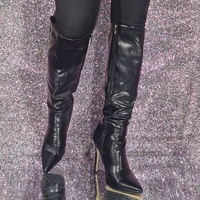 Black High Heel Knee High Boots Pointed Toe Buckle Detail Knee Length Boots - Thumbnail 2