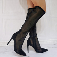 Black Knee High Boots Women,Long Boots Thigh High Boots Rubber Sole Net Yarn Splicing Pointed Toe Slim High Heel Sexy Fashion Breathable - Thumbnail 1
