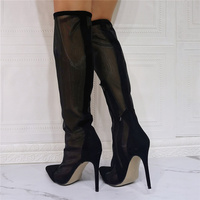 Black Knee High Boots Women,Long Boots Thigh High Boots Rubber Sole Net Yarn Splicing Pointed Toe Slim High Heel Sexy Fashion Breathable - Thumbnail 2