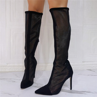 Black Knee High Boots Women,Long Boots Thigh High Boots Rubber Sole Net Yarn Splicing Pointed Toe Slim High Heel Sexy Fashion Breathable - Thumbnail 3
