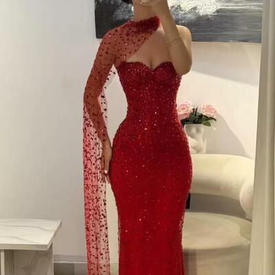 Customized red mermaid glitter sleeveless prom dresses exquisite with shawl vestidos de noche floor-length formal evening