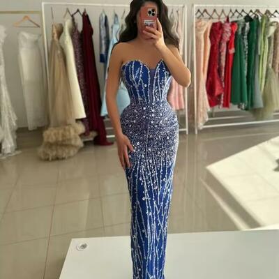 Dubai navy blue beading column prom dresses strapless customized floor-length evening dress formal gown birthday party dress