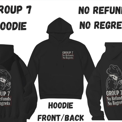 Unisex group 7 no refunds no regrets hoodie - skeleton cowboy outlaw black hoodie - front and back print - streetwear fashion | free ship