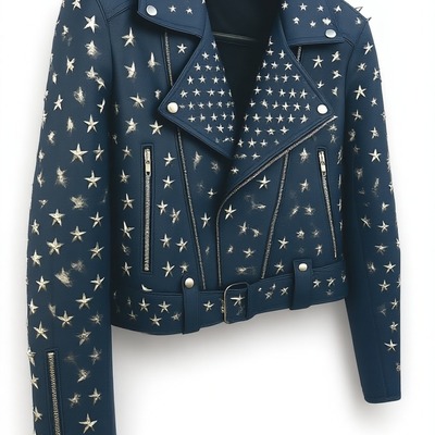 Crafted leather women studded blue leather jacket silver star punk brando style