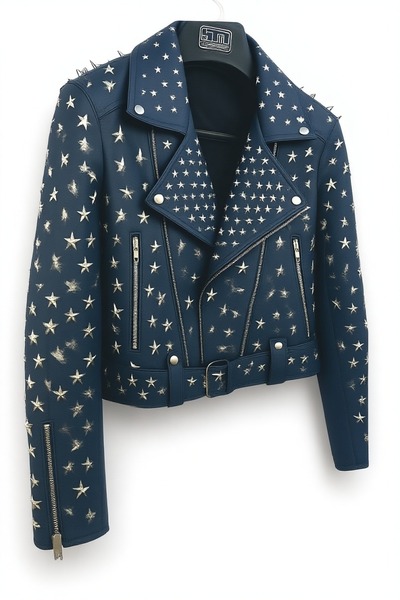 Crafted Leather Women Studded Blue Leather Jacket Silver Star Punk Brando Style