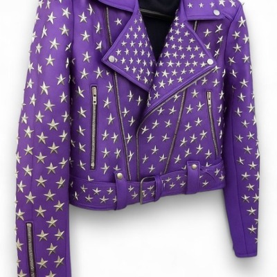 Crafted leather women studded purple leather jacket silver star punk brando style