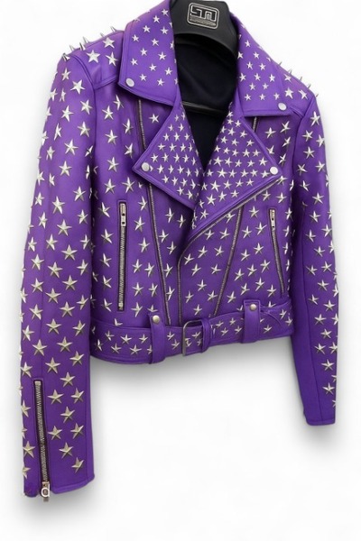 Crafted Leather Women Studded Purple Leather Jacket Silver Star Punk Brando Style