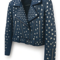 Crafted Leather Women Studded Blue Leather Jacket Silver Star Punk Brando Style - Thumbnail 1